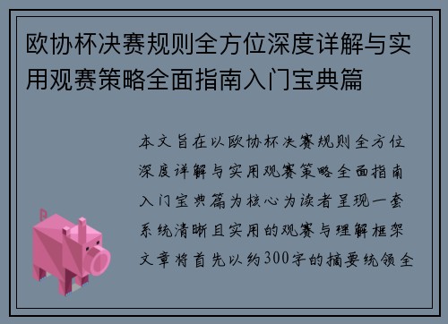 欧协杯决赛规则全方位深度详解与实用观赛策略全面指南入门宝典篇
